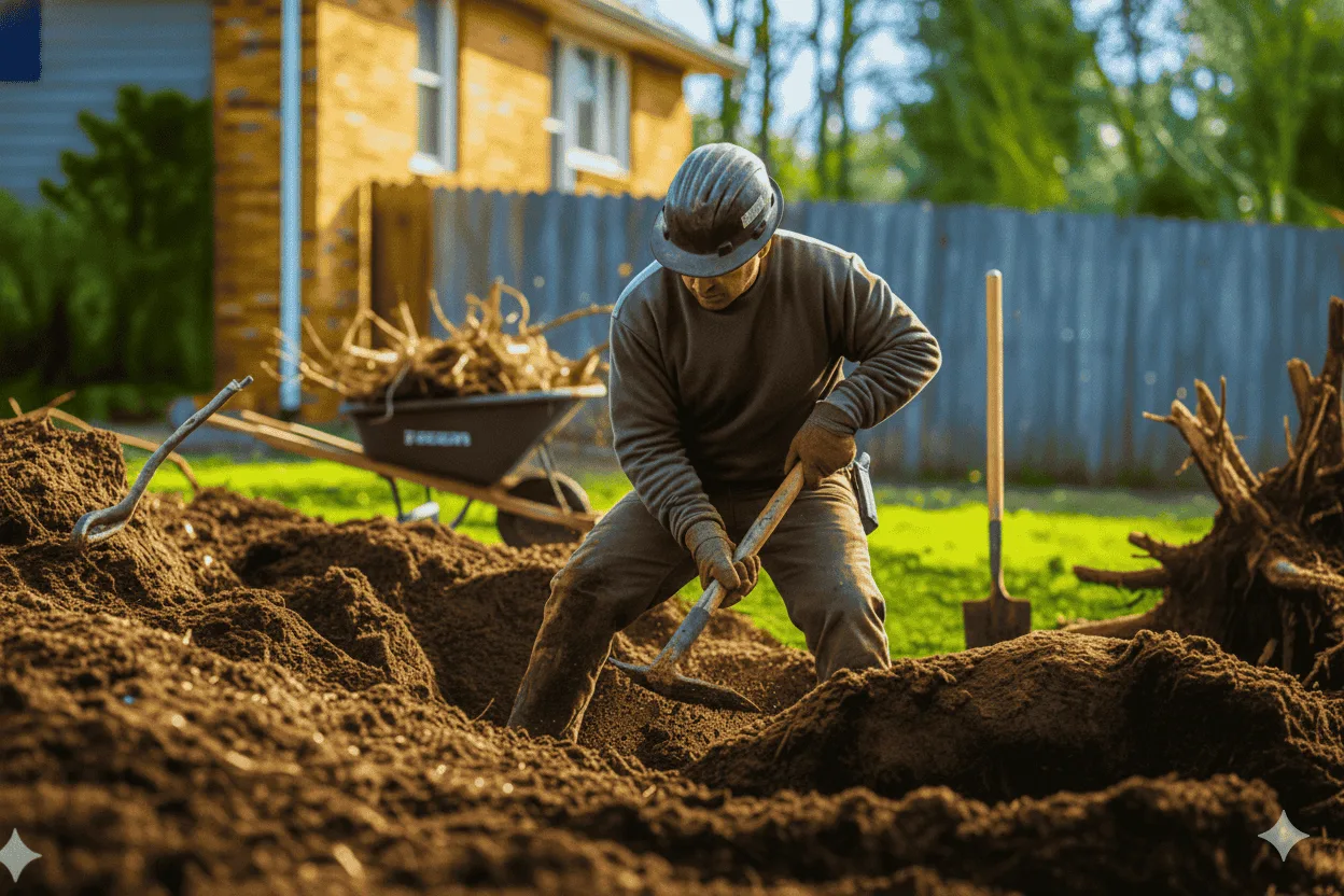 Generate a descriptive alt text for this image, using this primary keyword " tree root removal," in it. Note : Remember, alt text must not look spammy. A person wearing a helmet and work clothes is actively engaged in tree root removal, digging into a mound of earth with a spade. In the background, a wheelbarrow filled with roots and a large, exposed tree stump indicate ongoing landscaping or clearing work, with a house and fence visible further back.