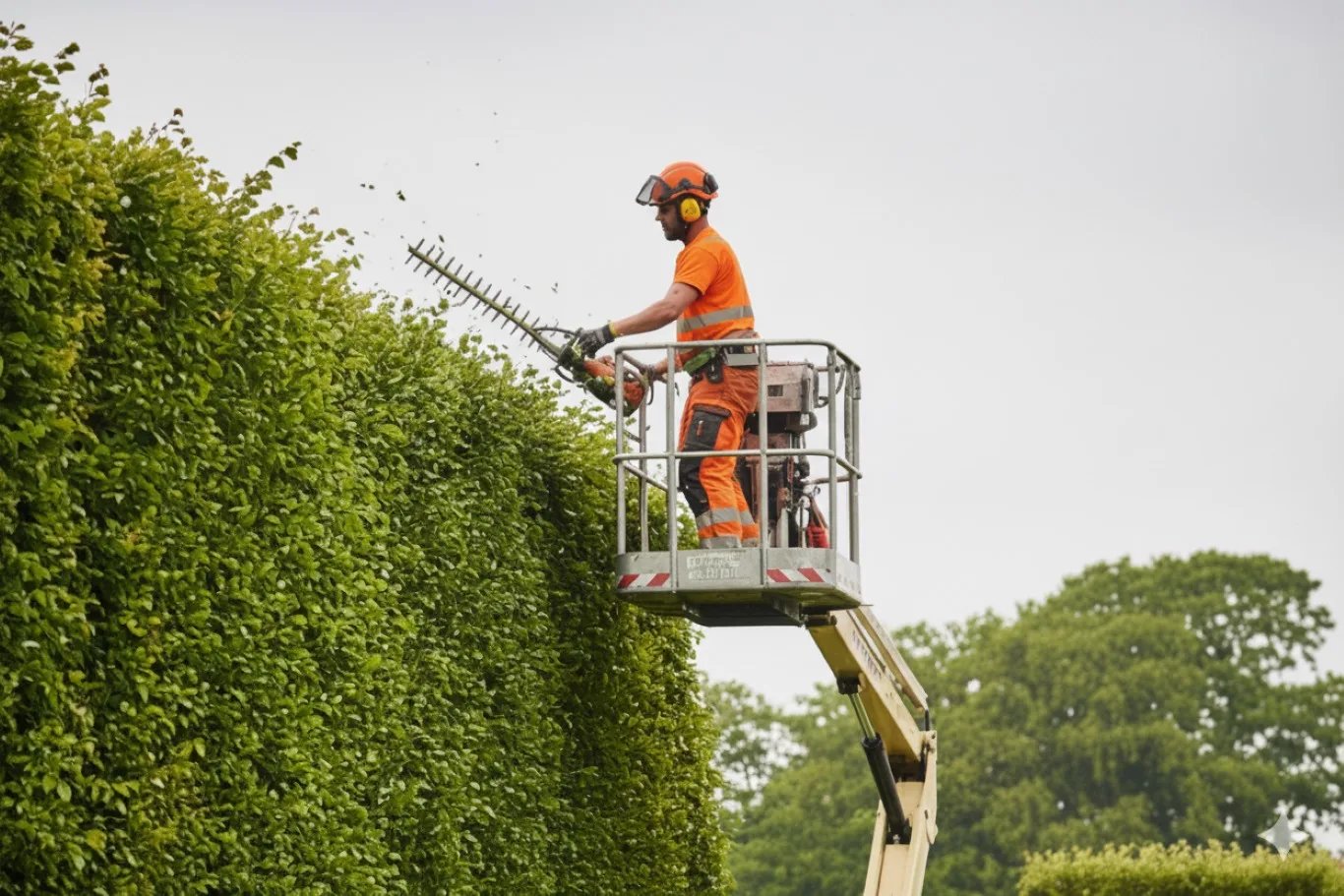 A professional tree surgeon trimming a tall beech hedge from a mobile platform on a cloudy day, illustrating proper maintenance practices and highlighting the importance of knowing the best time to trim hedges for healthy, well-shaped growth.