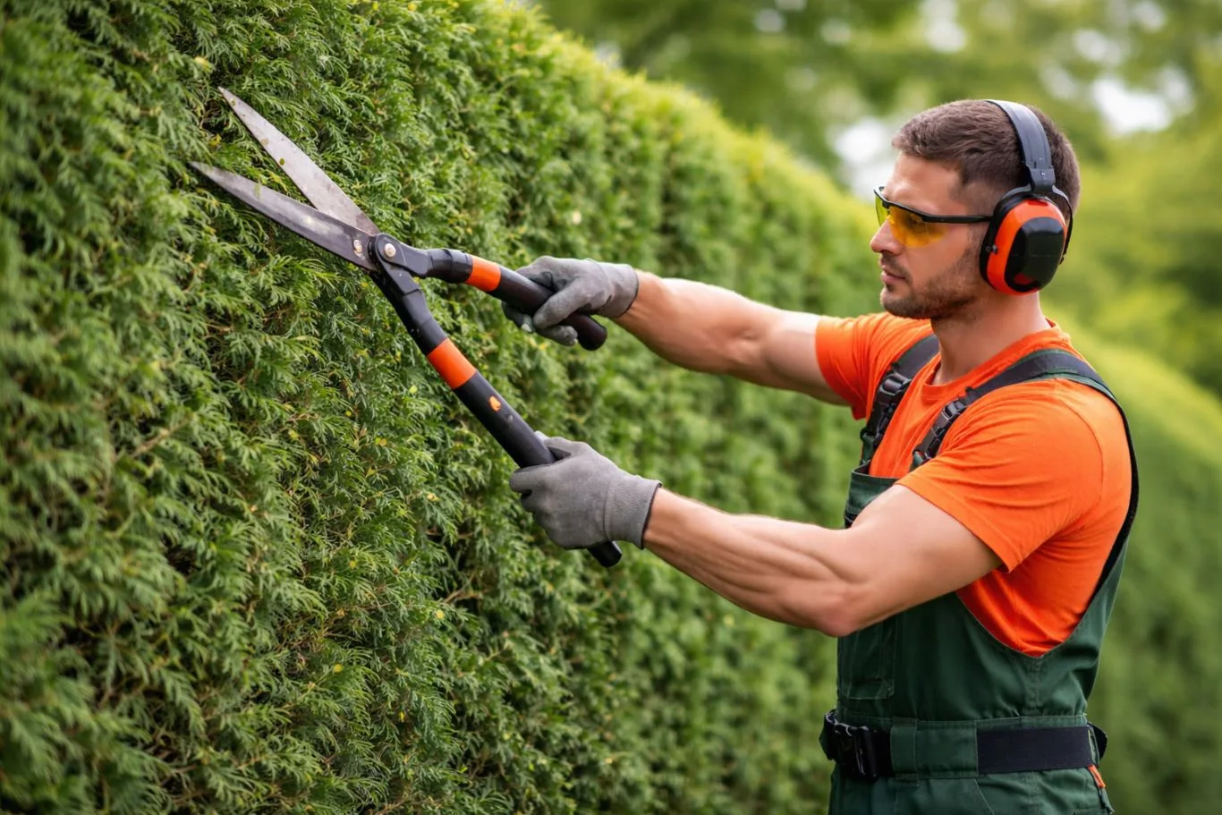 Professional tree surgeon performing hedge cutting services while trimming a dense green boundary hedge with precision equipment.